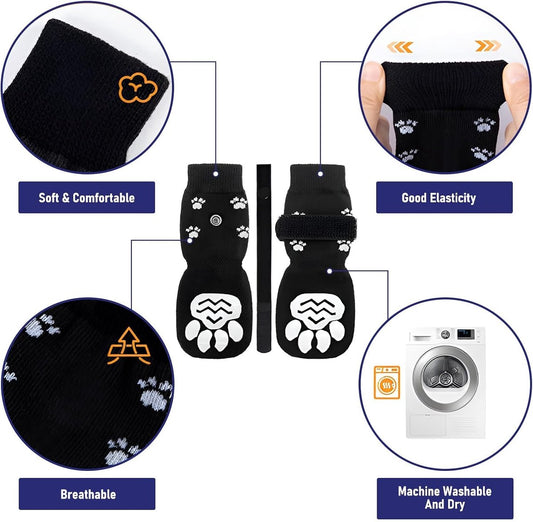4-piece set of non-slip dog socks - Dog socks with adjustable shoulder straps - Cotton dog socks suitable for small and large dogs - Waterproof - Non-slip - Dog shoes (S)