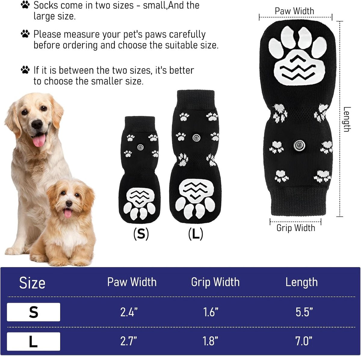 4-piece set of non-slip dog socks - Dog socks with adjustable shoulder straps - Cotton dog socks suitable for small and large dogs - Waterproof - Non-slip - Dog shoes (S)