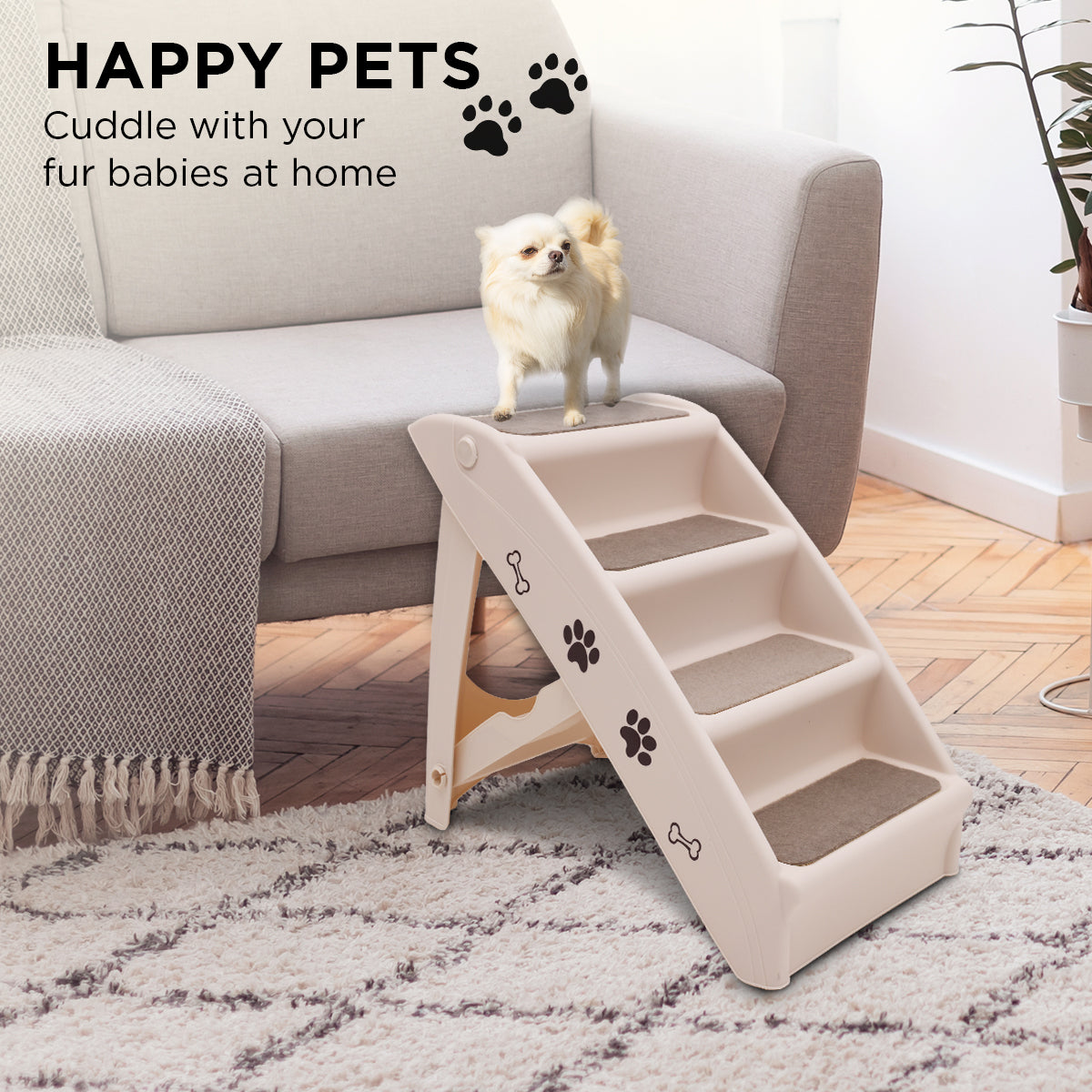 Foldable Pet Stairs In White - 50cm Dog Ladder Cat Ramp