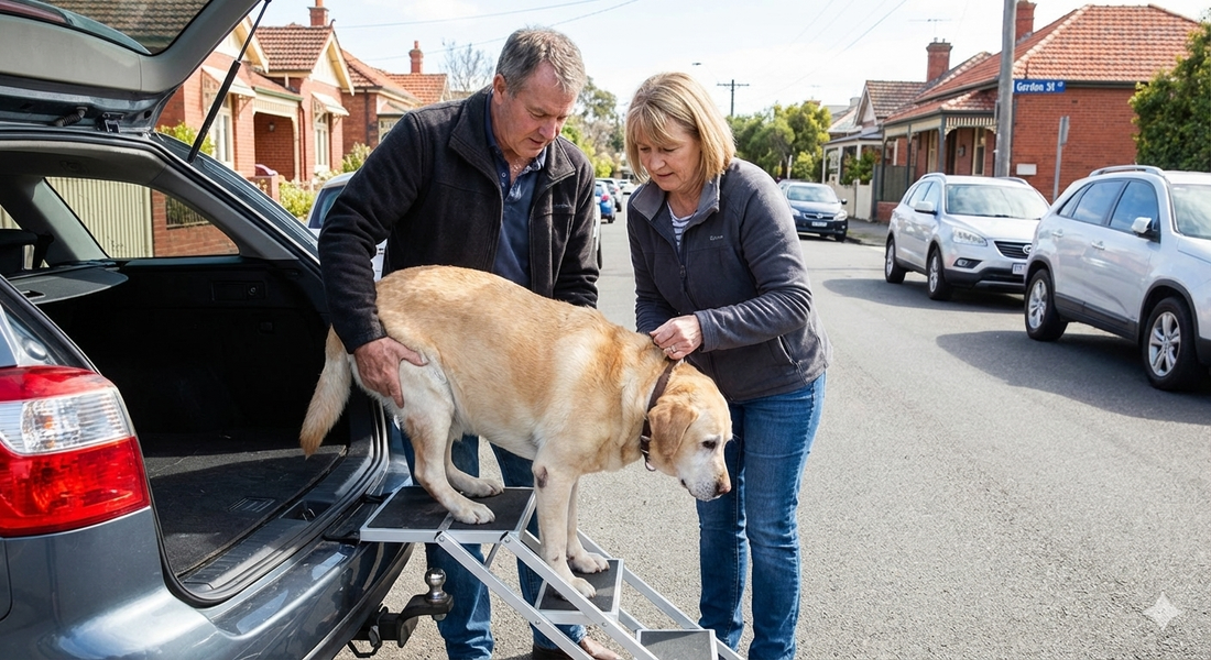 Owners helping a Dog using car steps
