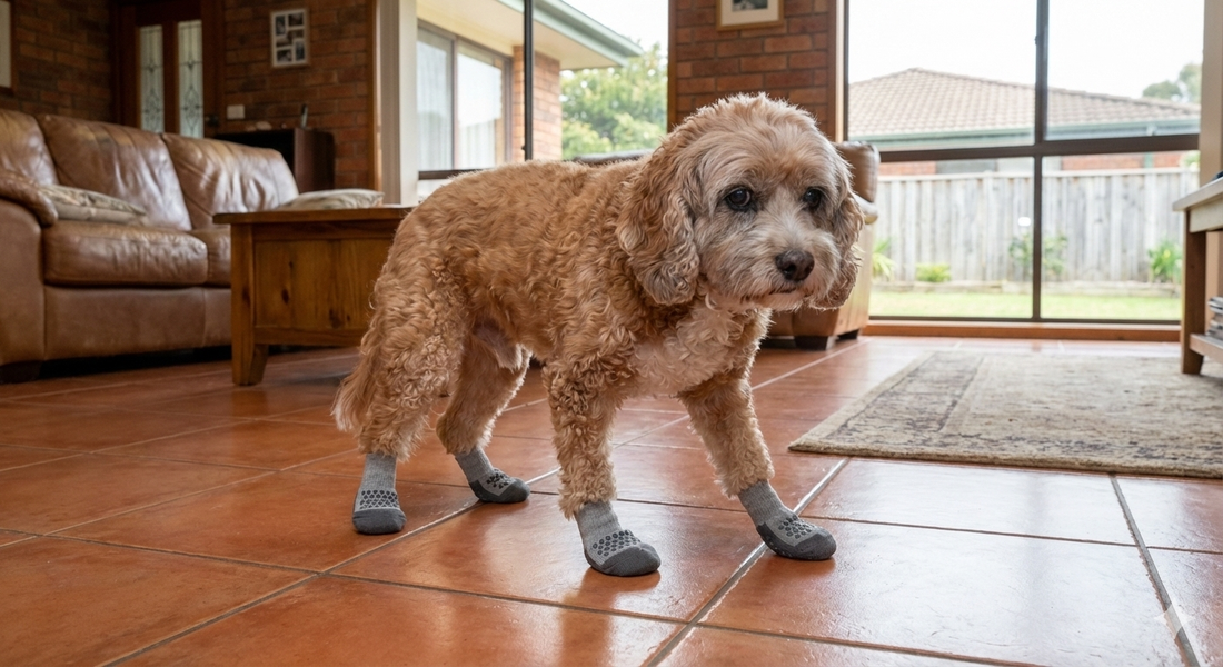 dog wearing traction socks on slippery floor