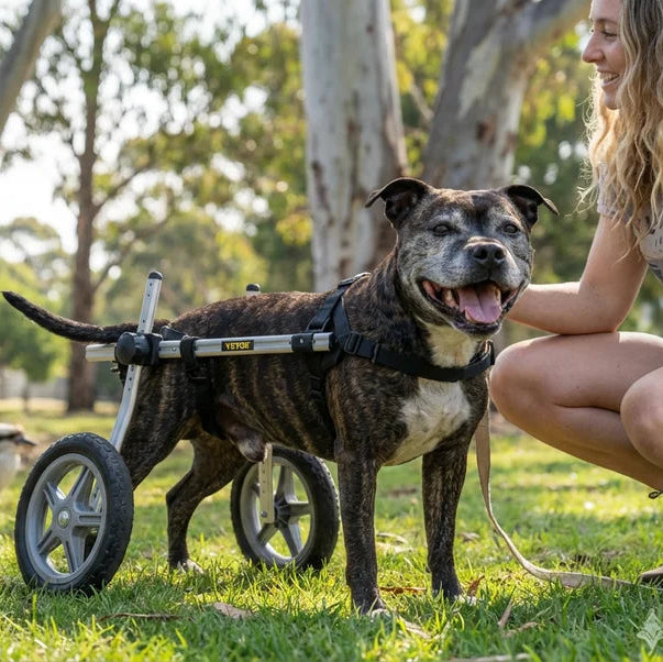 Dog in a wheelchair being assisted by a person in a park setting with flowers and trees.