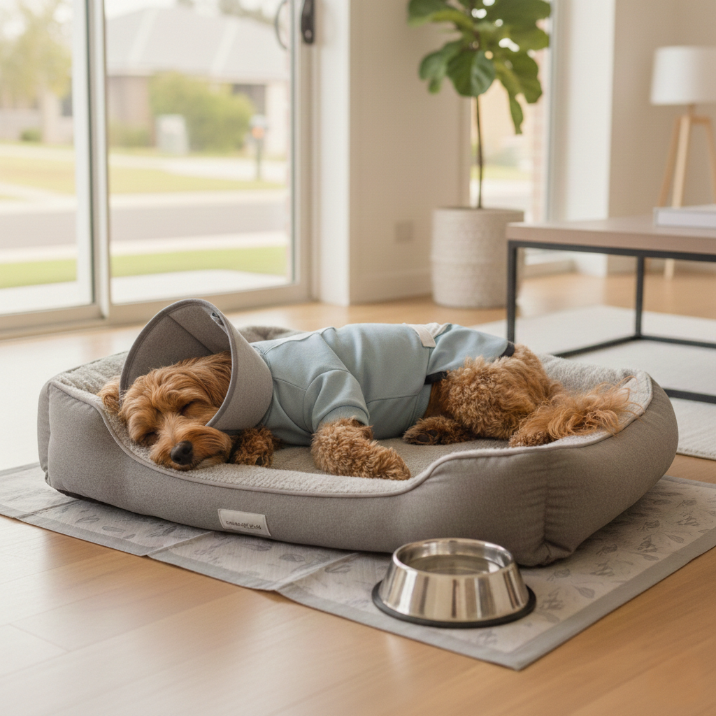 Dog lying on a pet bed with a cone on its head recovering from surgery