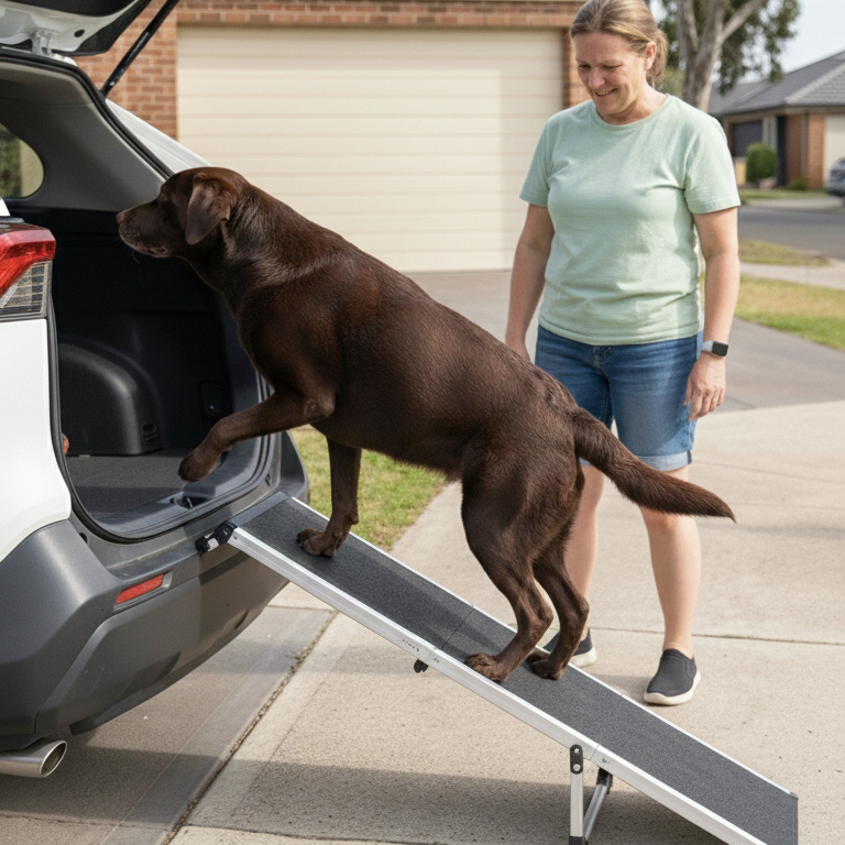 Woman helping a dog use a ramp to enter a car in a driveway.