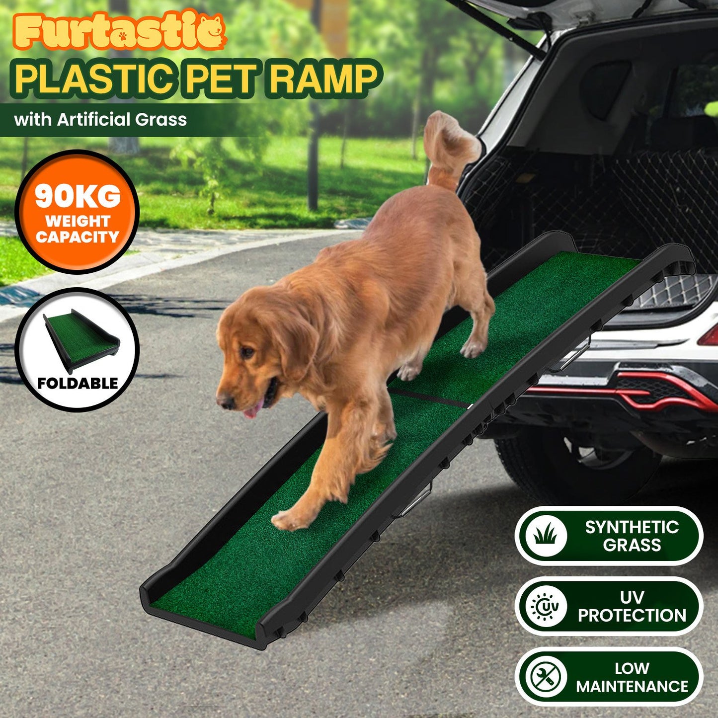 Foldable Dog Ramp with Poly-Grass Grip Surface Non-Slip UV Protection