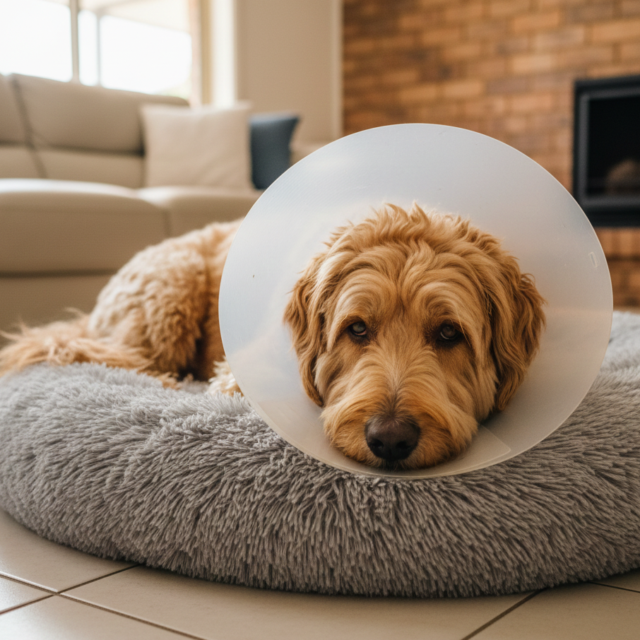 dog wearing e collar for recovery after surgery