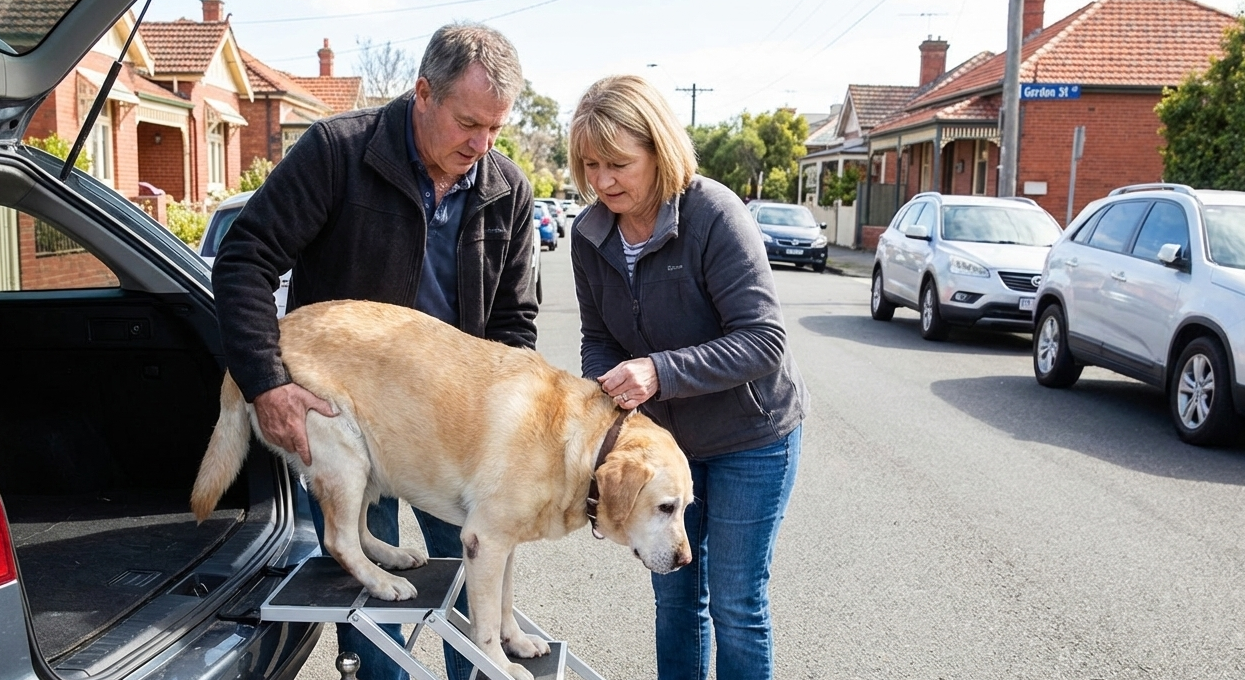 Man and woman with a dog using a ramp to load into a car on a street.