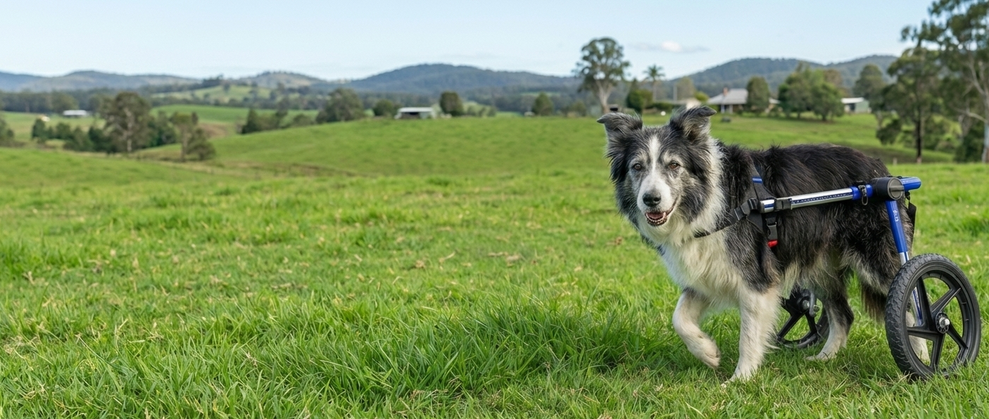Dog using a wheelchair in a grassy field with a scenic background