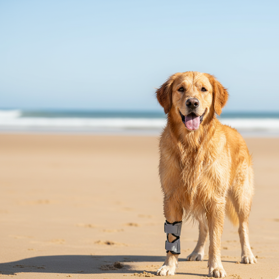 Dog with a bandaged paw on a sandy beach